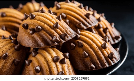 A plate of homemade chocolate chip madeleines, beautifully arranged on a black background. The side view close-up highlights the golden, shell-shaped cakes studded with rich chocolate chips.
 - Powered by Shutterstock