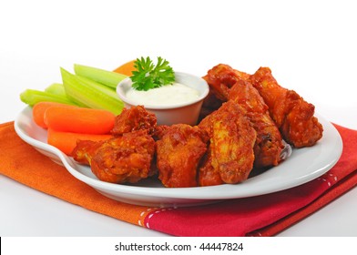 Plate Of Hot And Spicy Buffalo Chicken Wings.