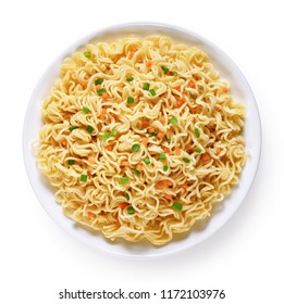 Plate Of Instant Noodles Isolated On White Background. Top View.