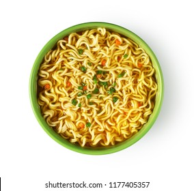 Plate Of Instant Noodles On White Background. Top View.