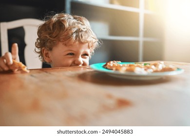 Plate, kid and boy eating food for healthy diet, nutrition and wellness in kitchen at home. Happy, hungry child and play with lunch at table for childhood development, growth or meal for cute toddler - Powered by Shutterstock