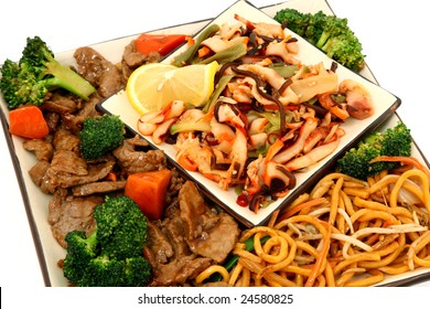 Plate With Lo Mein, Beef, Carrots, Brocolli And Squid Seaweed Salad