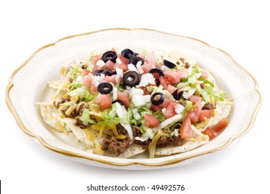 A Plate Of Mexican Taco Salad On A White Horizontal Background With Copy Space