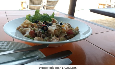 A Plate Of Mixed Seafood Pasta At A Shack On Palolem Beach