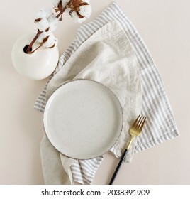 Plate Mockup, Empty Modern Minimal Table Place Setting Neutral Beige Color Top View.Flowers Cotton Branch.  Space For Text Or Menu .Business Food Brand Template. Scandinavian Style Tableware.