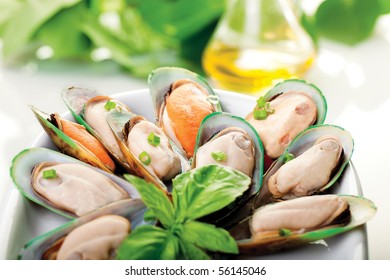 A plate of New Zealand mussels and olive oil