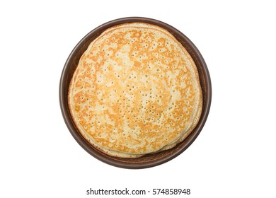 Plate with pancakes isolated on white - Shutterstock ID 574858948