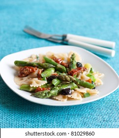 Plate With Pasta On Blue Table Mat