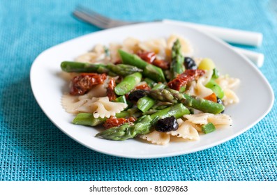 Plate With Pasta On Blue Table Mat