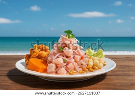 Plate of Peruvian ceviche on a table at the beach