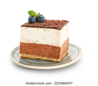 Plate with piece of birds milk cake, blueberries and mint leaves on white background - Powered by Shutterstock