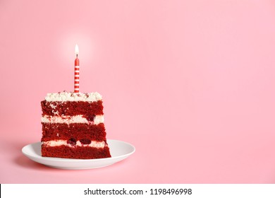 Plate with piece of delicious homemade red velvet cake and space for text on color background