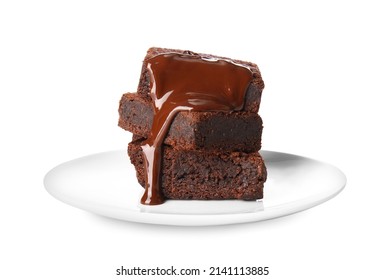 Plate with pieces of delicious chocolate brownie on white background