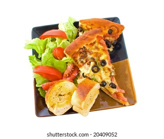 Plate Of Pizza, Salad And Garlic Bread Isolated Over White Background