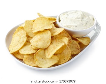 Plate Of Potato Chips And Dip Isolated On White Background