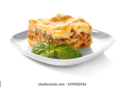 Plate With Prepared Lasagna On White Background