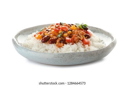 Plate Of Rice With Chili Con Carne On White Background