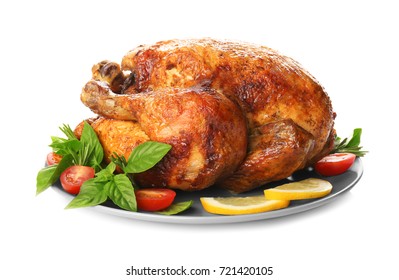 Plate with roasted turkey on white background - Shutterstock ID 721420105