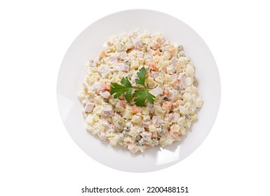 Plate Of Russian Salad Olivier Isolated On White Background, Top View