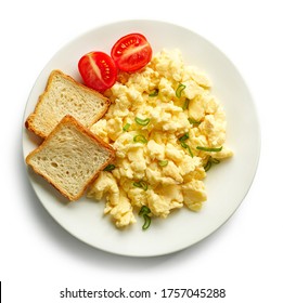 Plate Of Scrambled Eggs Isolated On White Background, Top View