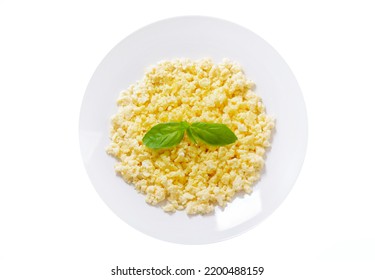 Plate Of Scrambled Eggs Isolated On White Background, Top View