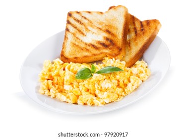 Plate With Scrambled Eggs And Toasts On White Background