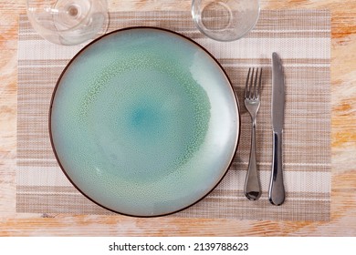 Plate With Silverware, Nothing Served. Empty Crockery On Table.