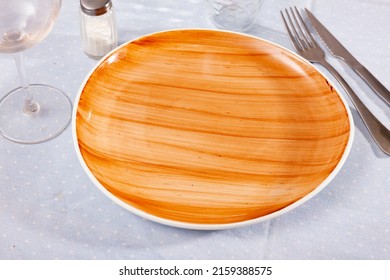 Plate With Silverware, Nothing Served. Empty Crockery On Table.