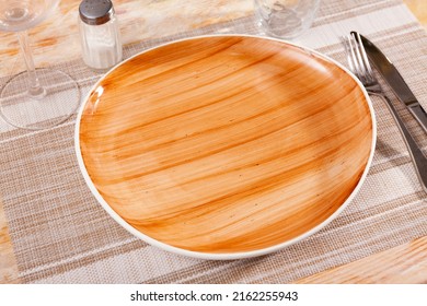 Plate With Silverware, Nothing Served. Empty Crockery On Table.