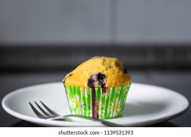 A Plate With A Single Blueberry Muffin Close Up