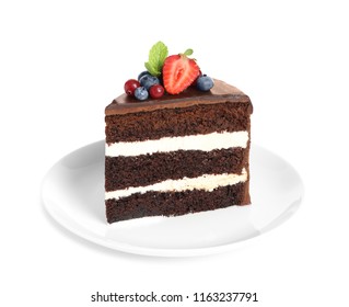 Plate With Slice Of Chocolate Sponge Berry Cake On White Background