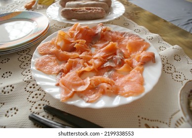 Plate Of Smoked Salmon, White Sausage Served At Easter Breakfast.