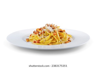 Plate of spaghetti carbonara with black pepper and pecorino cheese on white background - Powered by Shutterstock