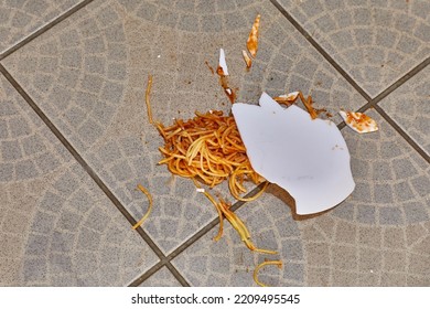 Plate of spaghetti dropped on the kitchen floor and breaking - Shutterstock ID 2209495545