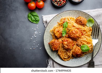 Plate Of Spaghetti With Meatballs In Tomato Marinara Sauce, Top View