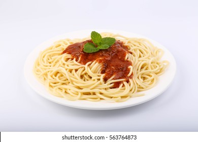 A Plate Of Spaghetti Noodles Isolated On White Background.