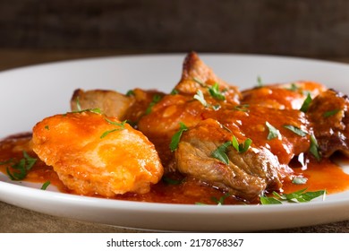 Plate With Stew Of Pork Meat (goulash) And Dumplings