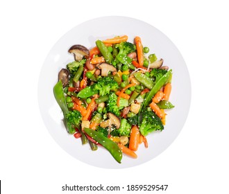 Plate Of Stir Fried Vegetables Isolated On White Background, Top View