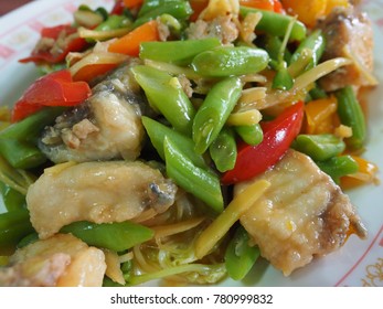 A Plate Of Stir-fried Yard Long Bean With Snapper Fish Fillets