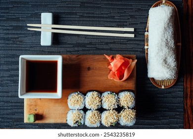 A plate of sushi with a dipping sauce and chopsticks on a table. The sushi is arranged in a wooden tray and there are several pieces of sushi on the tray - Powered by Shutterstock