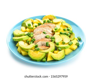 Plate With Tasty Avocado Salad On White Background