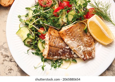 Plate With Tasty Baked Cod Fillet And Vegetables On Light Background, Closeup