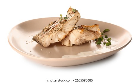 Plate With Tasty Baked Cod Fillet, Greens And Sauce On White Background