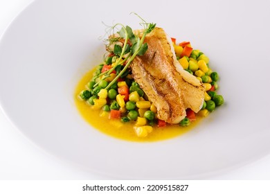 Plate With Tasty Baked Cod Fillet With Vegetables