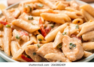 Plate With Tasty Cajun Chicken Pasta, Closeup