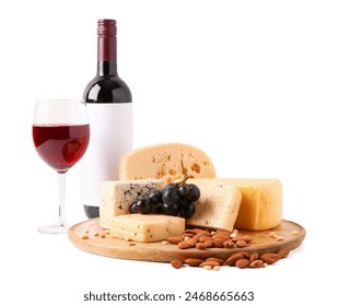 Plate with tasty cheese, grapes, nuts, bottle and glass of wine on white background - Powered by Shutterstock