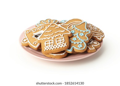 Plate With Tasty Christmas Cookie Isolated On White Background