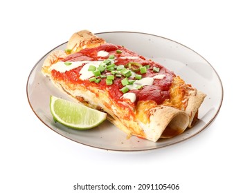 Plate With Tasty Cooked Enchilada On White Background