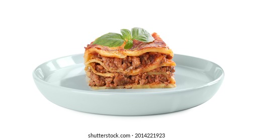 Plate With Tasty Cooked Lasagna Isolated On White