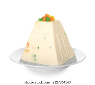 Plate with tasty curd Easter cake isolated on white background